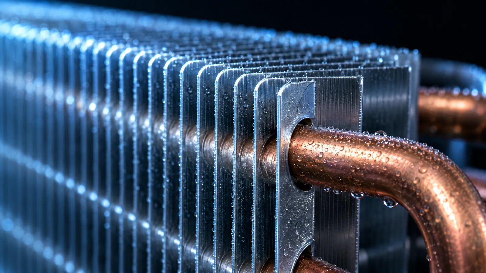 Macro view of condenser coil fins and copper tubing beaded with condensation
