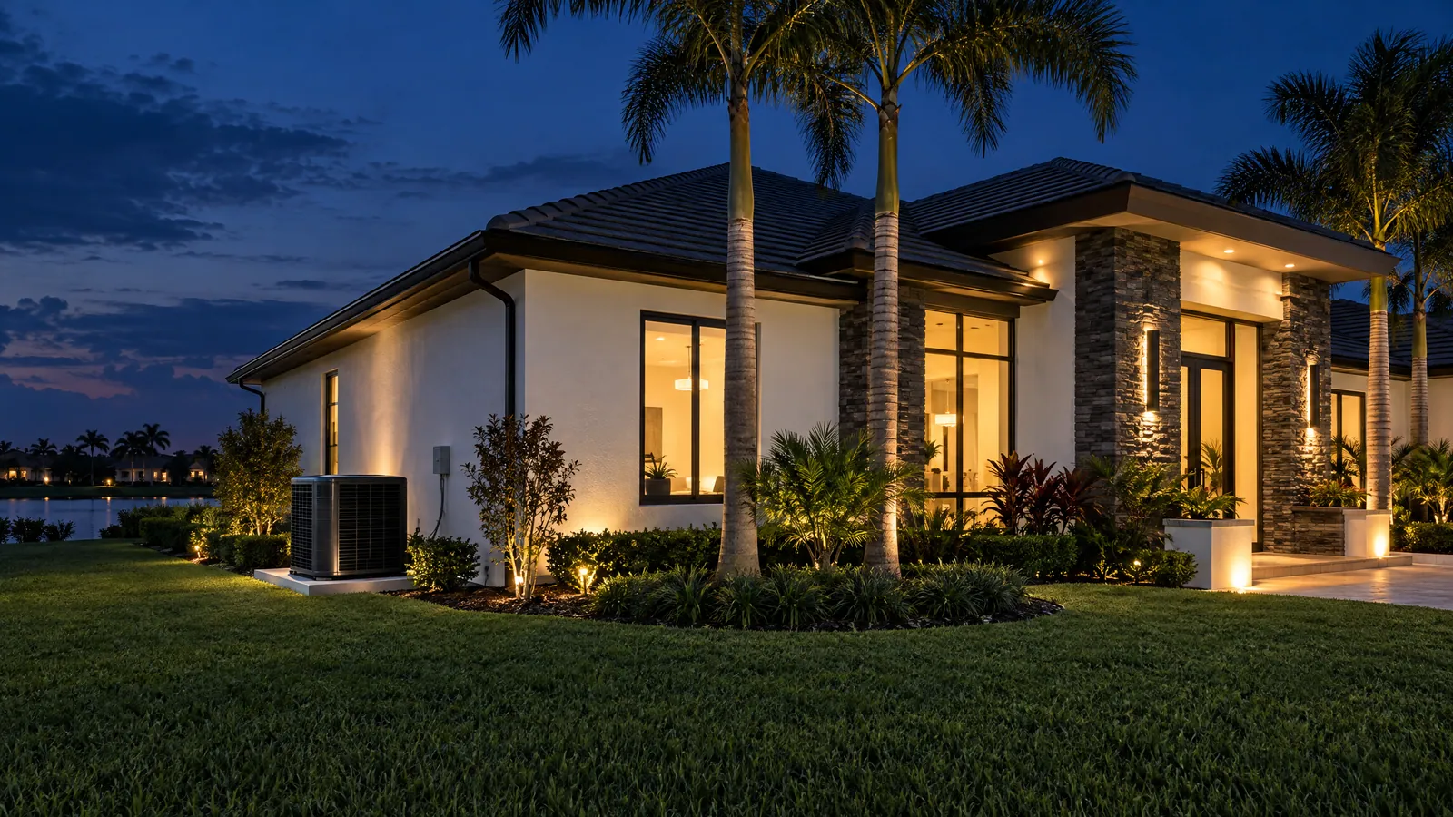 Modern Central Florida home at dusk with its outdoor air conditioning unit on a concrete pad