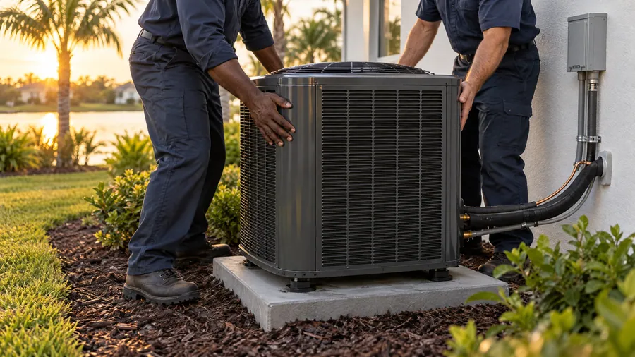 New outdoor condenser being set on a concrete pad beside a Florida home